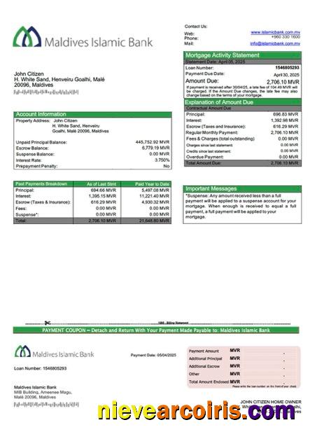Maldives Islamic Bank mortgage statement Word and PDF template